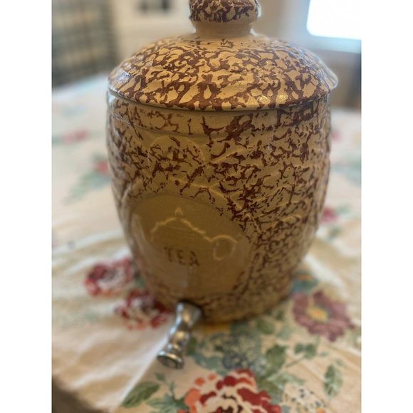 USA  crock roseville oh Spongeware Stoneware ICED TEA Cooler Dispenser w Lid - Picture 2 of 8